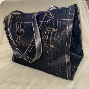 Etiene Aigner Leather & Canvas Tote Bag Purse Black Monogram Vintage